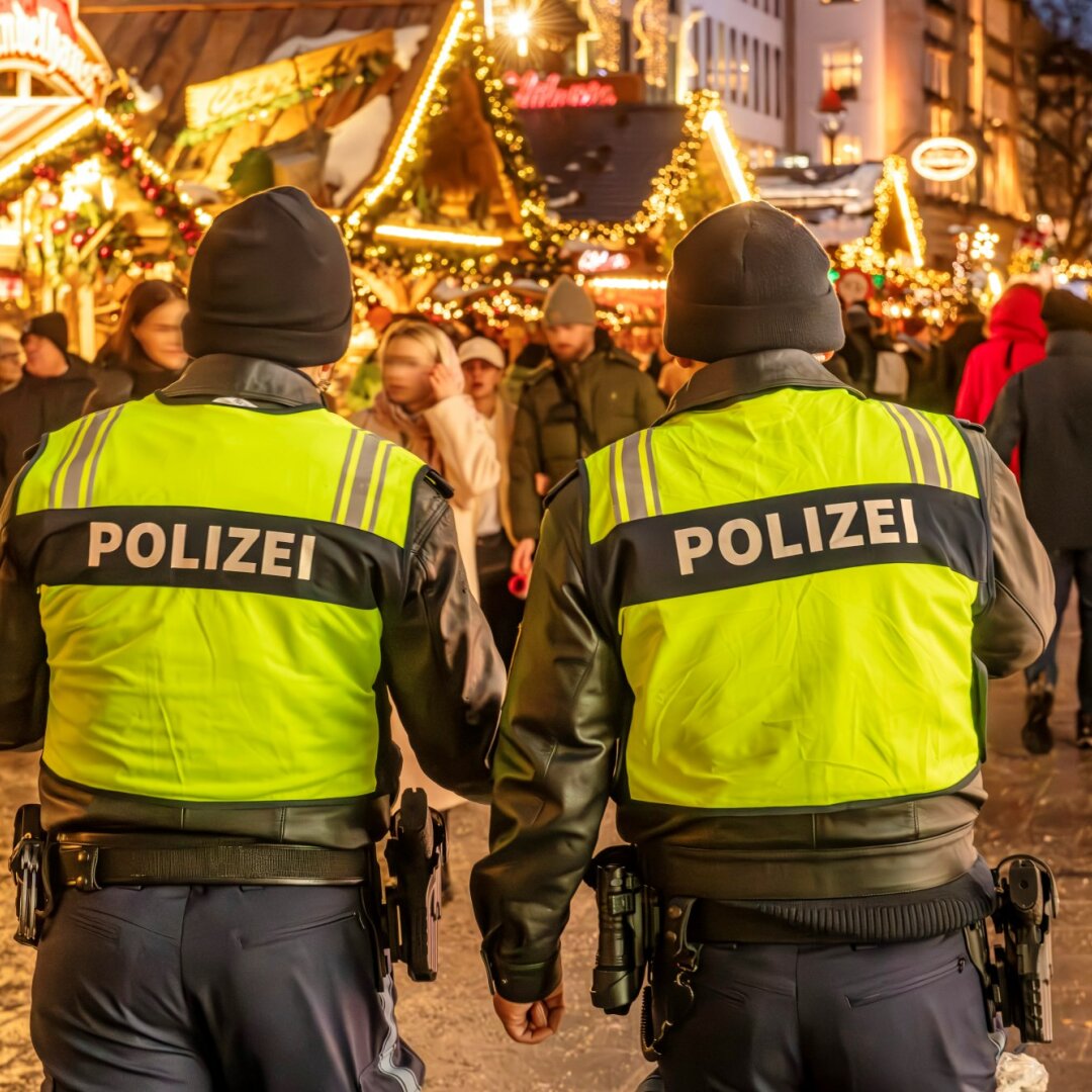 Polizeistreife auf dem Christkindlmarkt am Marienplatz und Kaufingerstraße, Polizisten zeigen Präsenz, uniformierte Streifen verbessern die Sicherheit, zeigen Wachsamkeit, weihnachtlich dekorierten Fußgängerzone, festlicher Lichterglanz, Geschäfte